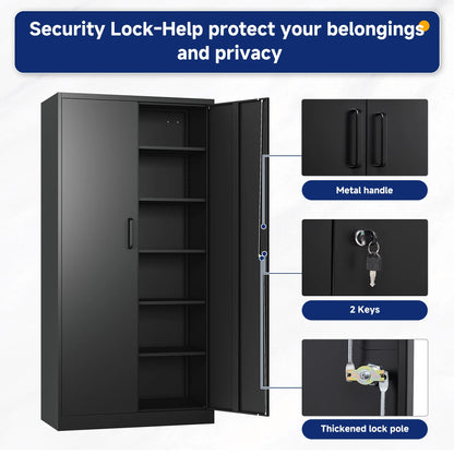 AUHUP 71" Metal Cabinet with Locking Doors and 5 Adjustable Shelves, Black Garage Storage Cabinet for Warehouse, Basement, Home Office, Tool File Storage Utility Cabinets