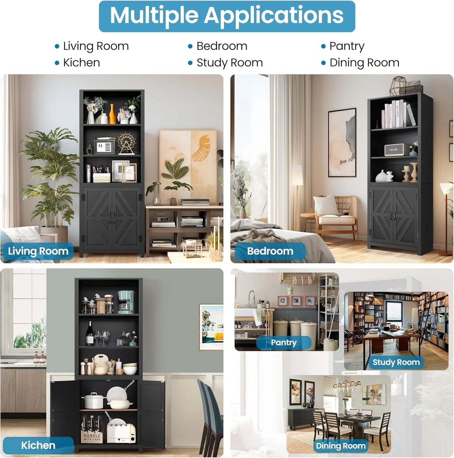 SEJOV Tall Bookshelves, 5-Tier Farmhouse Bookshelf with Cabinet Doors, 71" Bookcase with 3-Tier Open Wood Shelves, Adjustable Book Case for Home Office, Black