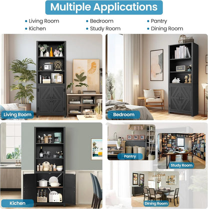 SEJOV Tall Bookshelves, 5-Tier Farmhouse Bookshelf with Cabinet Doors, 71" Bookcase with 3-Tier Open Wood Shelves, Adjustable Book Case for Home Office, Black