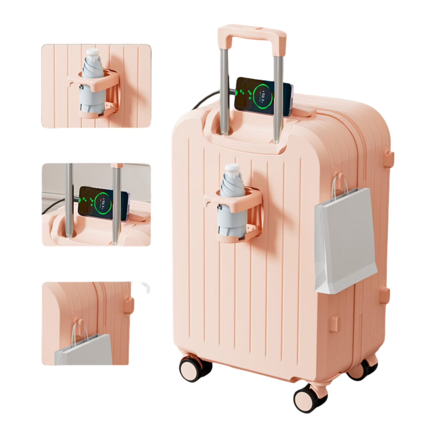 20" Expandable Luggage with Spinner Wheels+UBS+Cup Holder+Side Hooks ,ABS+PC,Multifunctional Suitcases with Wheels(BLUE)