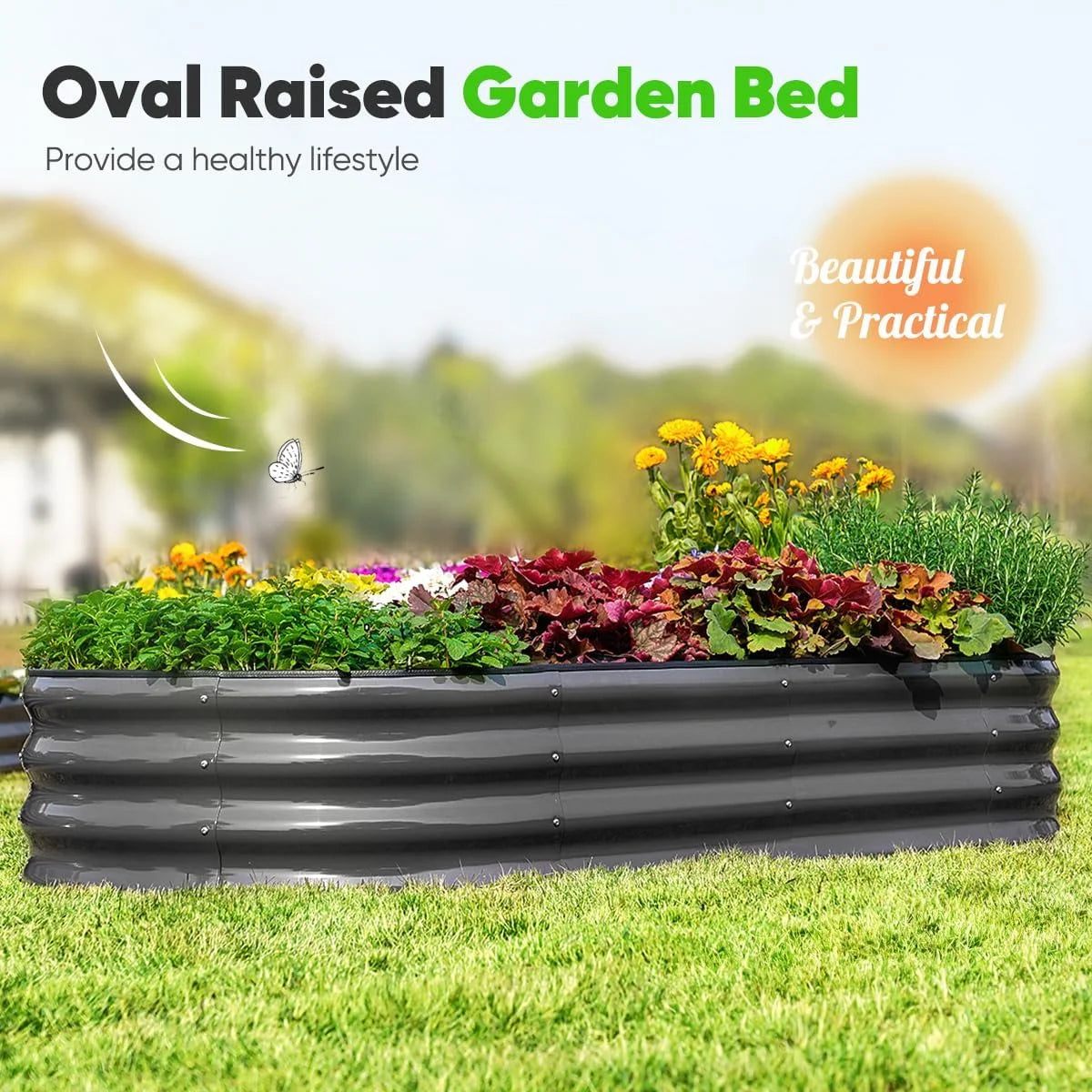 Quictent 6x3x1 ft Galvanized Raised Garden Bed Kit with Self Watering System and Mesh Cover, Large Oval Metal Outdoor Planter Garden Boxes for Vegetables Herbs Flowers