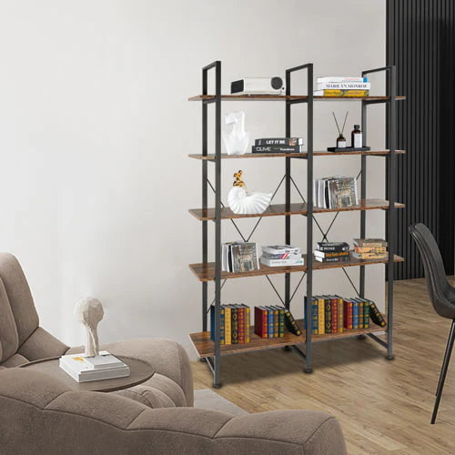 Ktaxon 5-Tier Open Bookcase, Wood and Metal Etagere Bookshelves Display Storage Rack for Home Office Decor, Vintage Brown