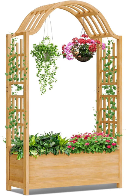 Slsy 63" Screen Raised Garden Bed, Wooden Planter Box with Hanging Roof & Drainage Holes, Indoor Outdoor Elevated Planter for Vine, Climbing Plants, Flowers, Patio & Garden