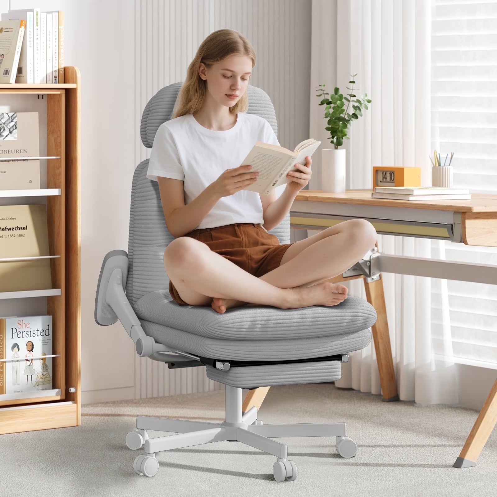 HomeZeer Ergonomic Cross-Legged Office Chair with Footrest & Headrest, Heavy Duty Executive Desk Chair with Flip-up Armrests, Corduroy Fabric Computer Criss Cross Chair for Home Office, Black