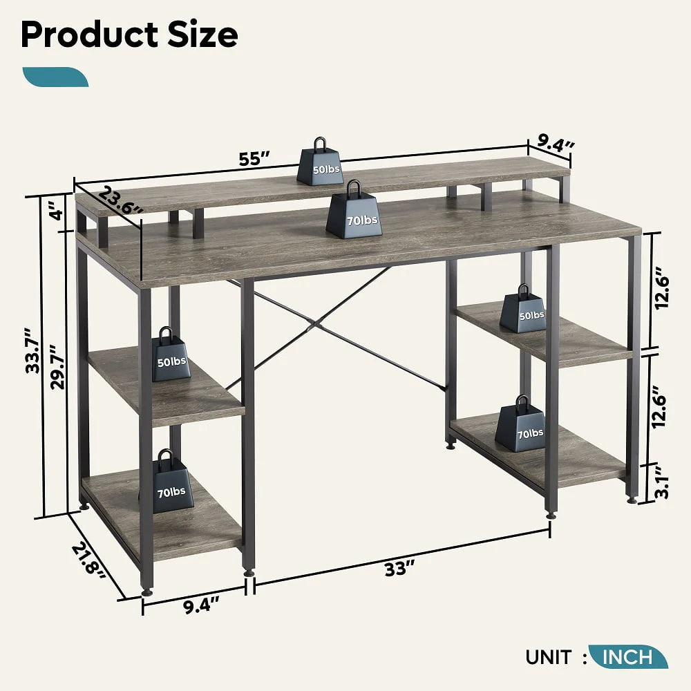 Bestier 55 inch Computer Desk with Monitor Shelf Home Office Desk Grey