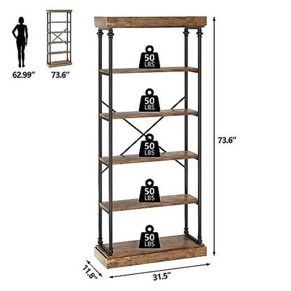 Maritcute 6 Tier Bookshelf Industrial Bookcase Wood Storage Open Rack Shelf Metal Frame Rustic Tall Standing Bookshelves Large Vintage Display Rack for Bedroom,Living Room and Home Office