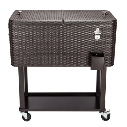 80QT Rattan Cooler with Shelf & Wheels - Insulated Outdoor Beverage Ice Chest for Parties, Patios, & Events - Durable Woven Design, Stainless Steel Accents, Keeps Cool 48 Hrs