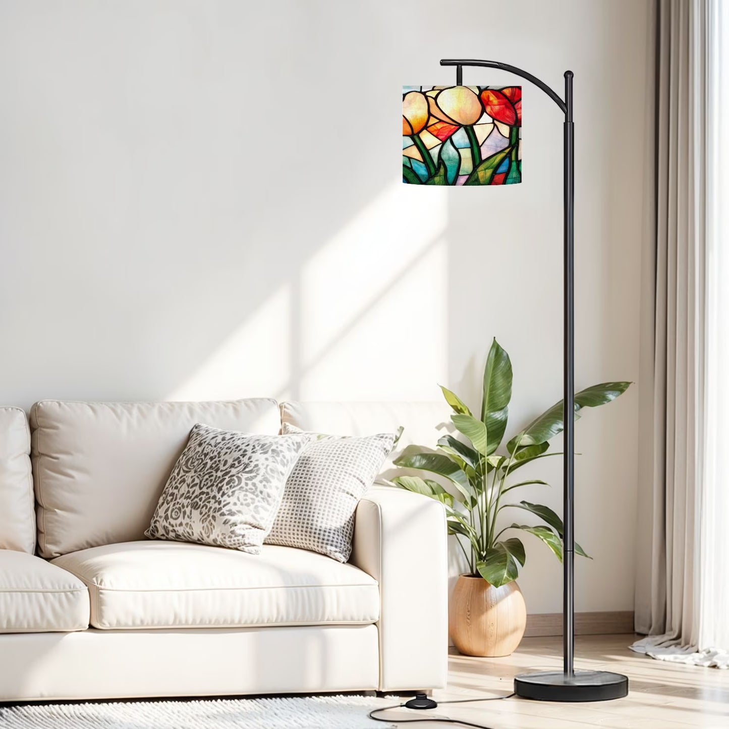 Arc Floor Lamp, 3 Color Temperatures Modern Floor Lamps Flowes Flower Floral Oil Adjustable Tall Standing Reading Lamp with Linen Texture Shade for Living Room, Bedroom, Office
