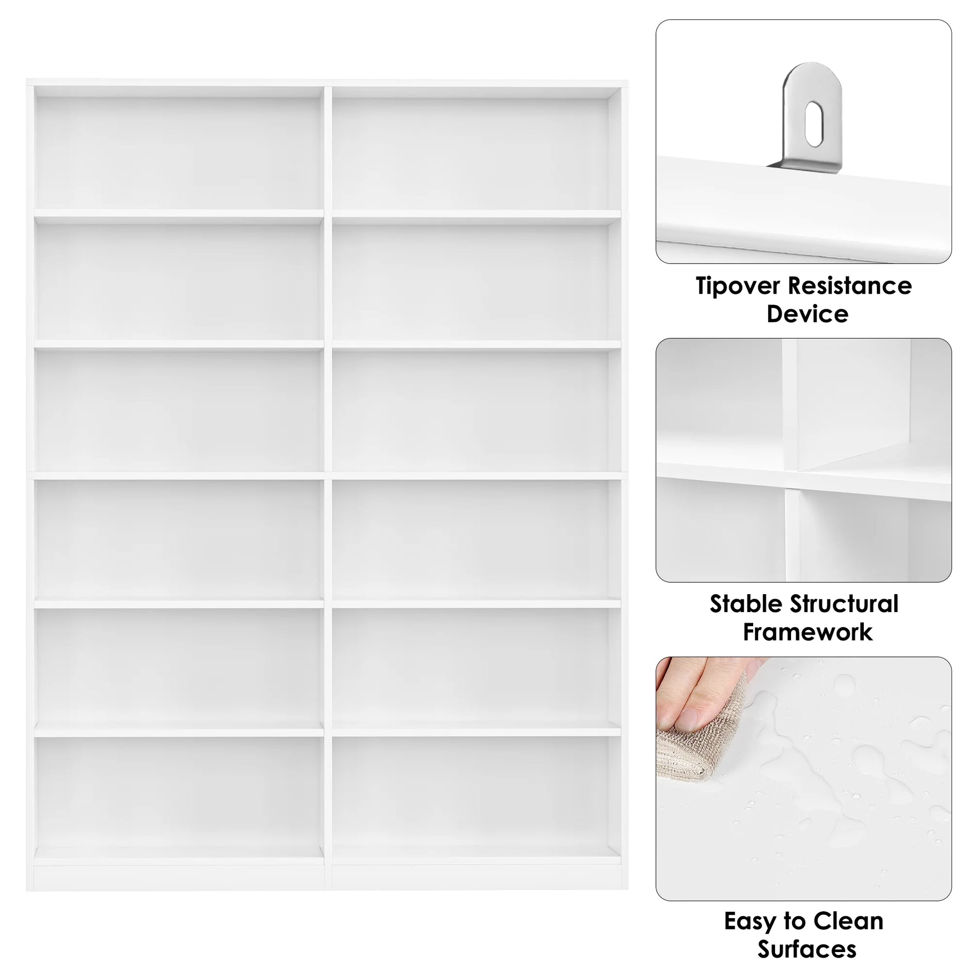 Homfa 74.3° Double Wide 6-Tier Bookcase, Extra Large Wooden Freestanding Display Bookshelf for Home Office Living Room, White
