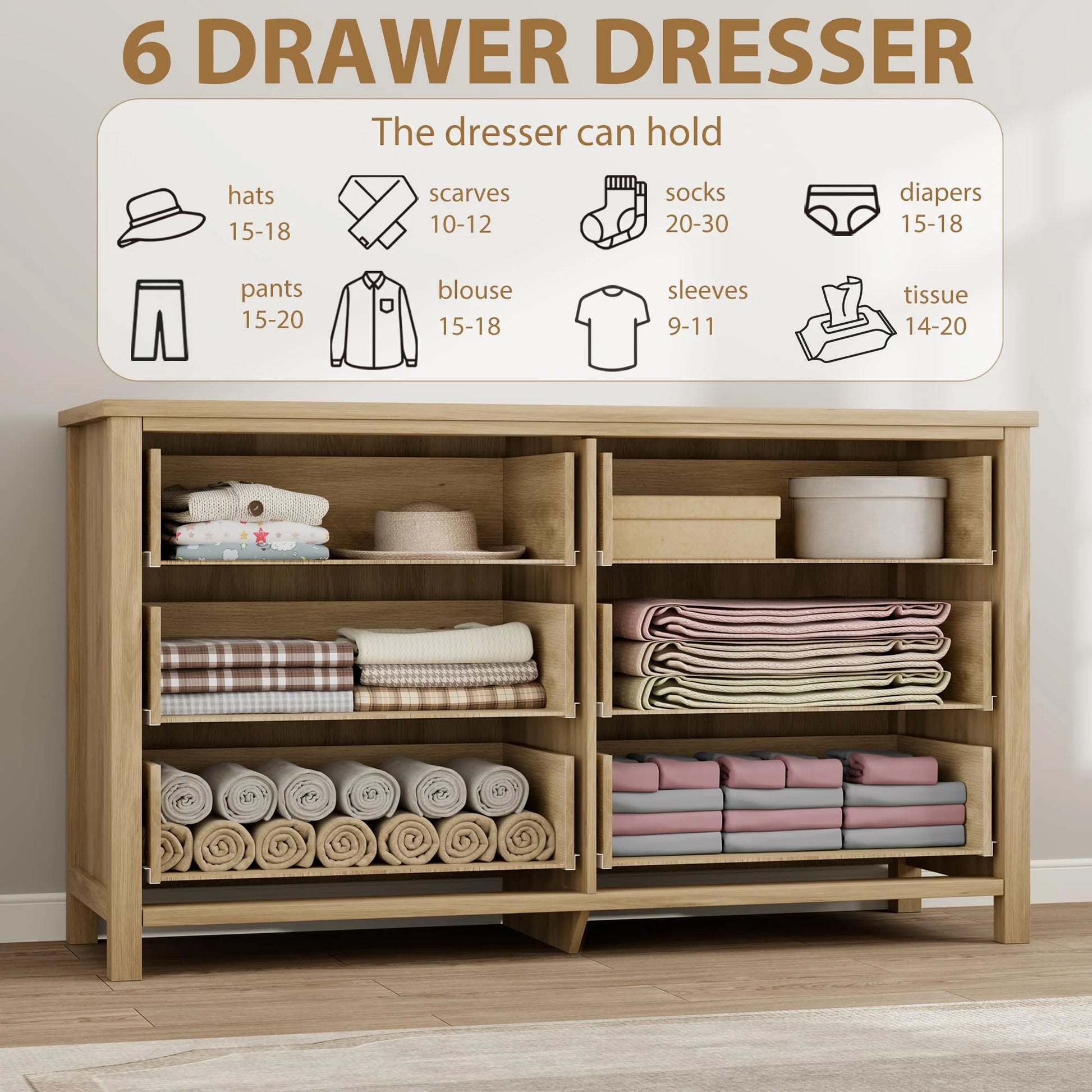 Yeshouse Boho 6-Drawer Dresser with Rattan Accents, Modern Chest of Drawers with Ring Handles & Deep Storage for Bedroom, Living Room