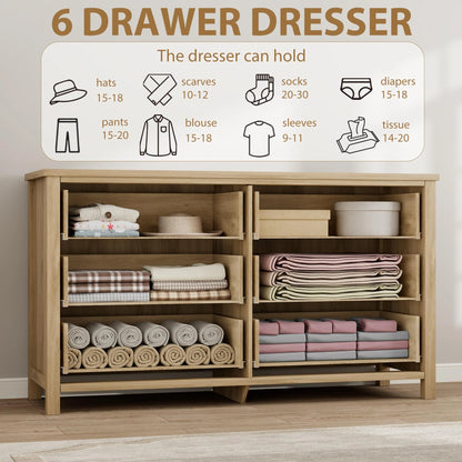 Yeshouse Boho 6-Drawer Dresser with Rattan Accents, Modern Chest of Drawers with Ring Handles & Deep Storage for Bedroom, Living Room