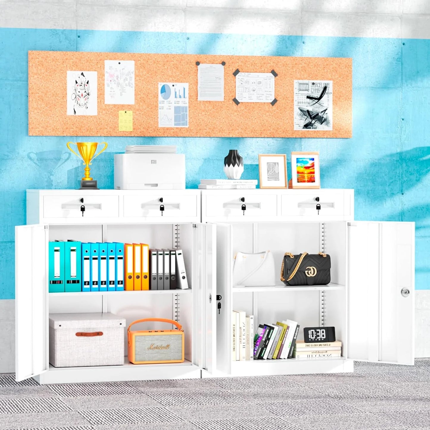 Superday Locking Metal Storage Cabinet with 2 Drawers, Lockable Garage Storage Cabinet with Locking Doors and Adjustable Shelves, Tool Cabinets for Home Office, School, Etc