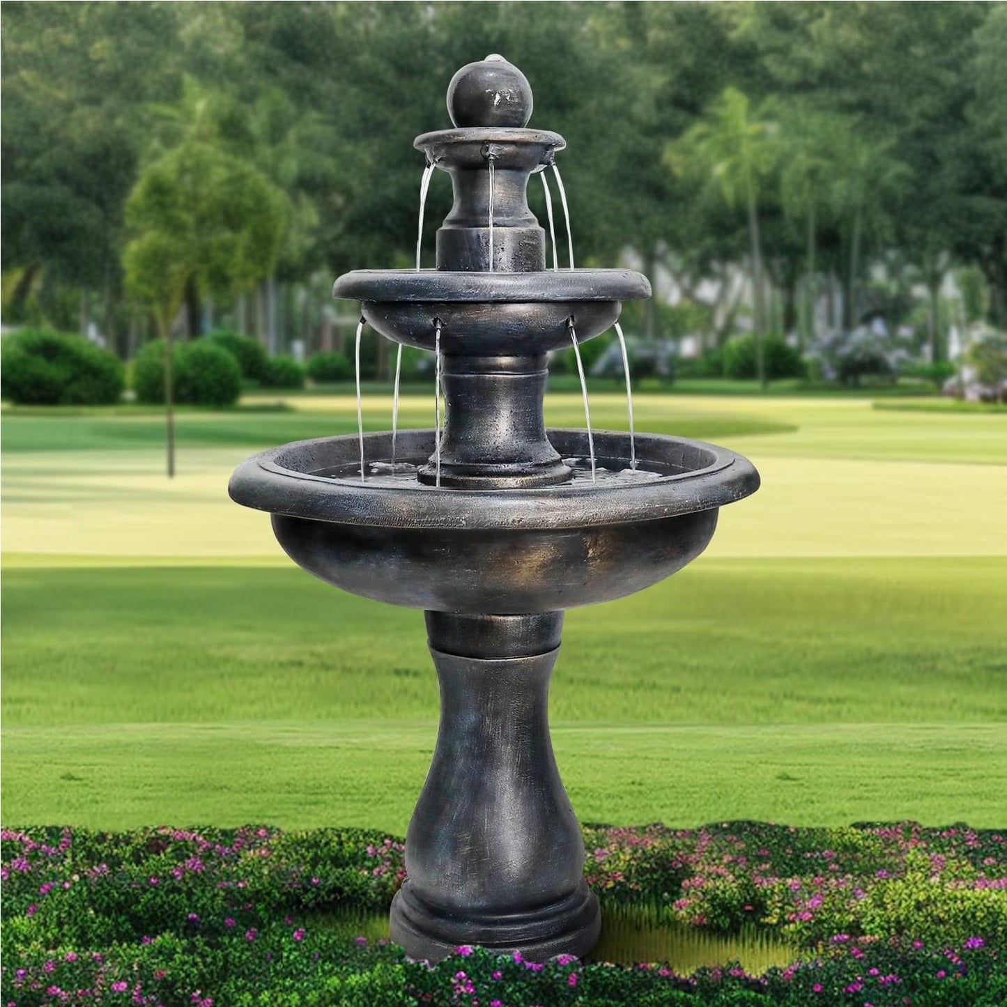 48°?H Outdoor Floor Water Fountain, 3-Tiers Concrete Water Fountain with Submersible Electric Pump - Garden Cascading Waterfall for Yard Patio Lawn Home Decor
