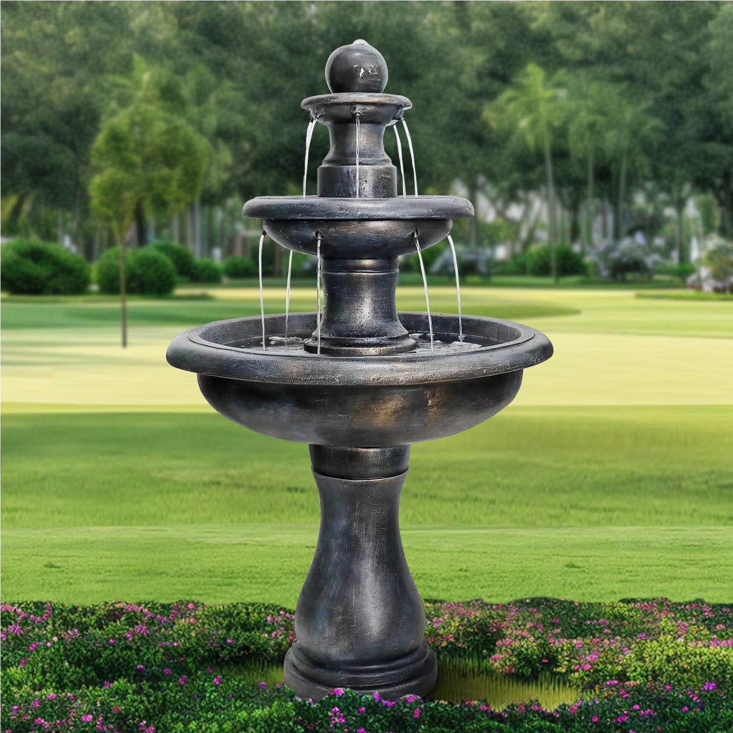 48°?H Outdoor Floor Water Fountain, 3-Tiers Concrete Water Fountain with Submersible Electric Pump - Garden Cascading Waterfall for Yard Patio Lawn Home Decor