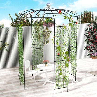 Moccha Birdcage Shape Gazebo, 9.4' H x 6.8' W Pergola Pavilion Arbor for Climbing Plants, French Style Arch Trellis with 8 Ground Stakes, Outdoor Metal Garden Arch for Wedding Party Decoration, Black