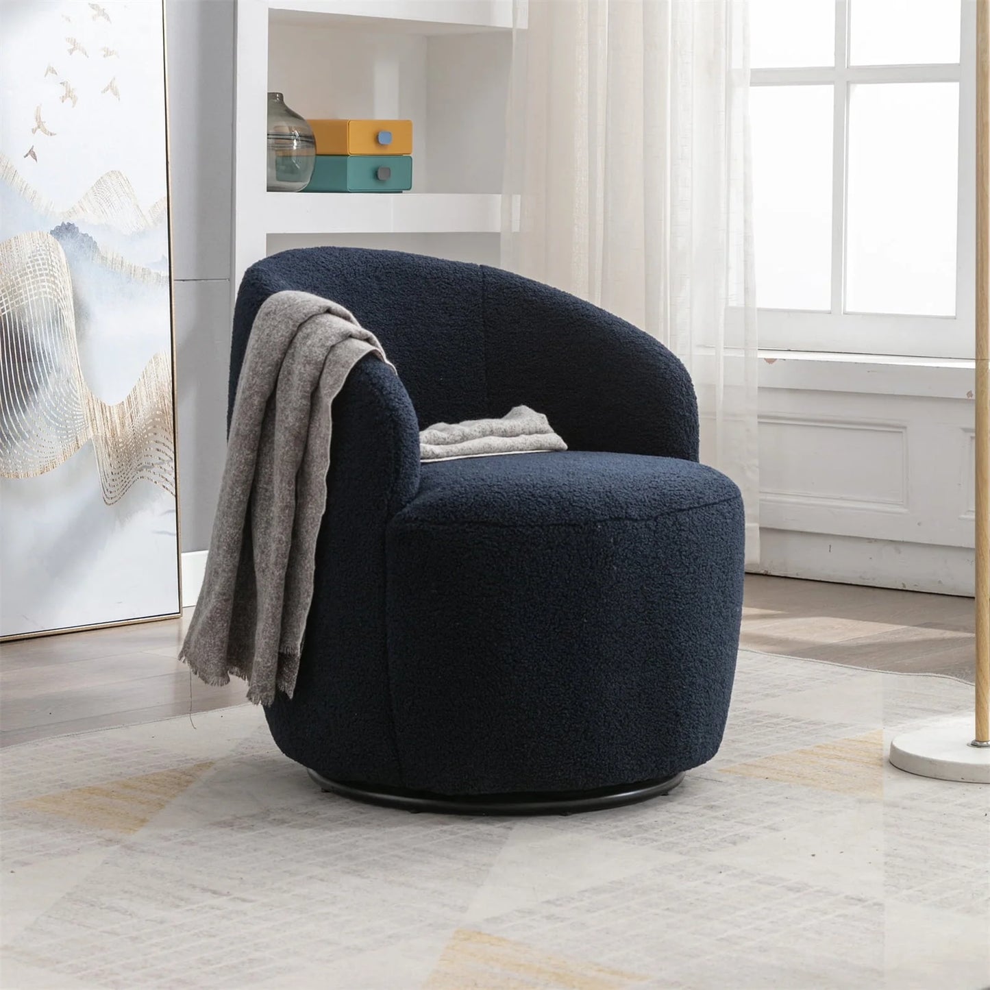 Swivel Barrel Chair, Modern Teddy Fabric Swivel Accent Barrel Chair Armchair, Upholstered Cozy Club Chairs Sofa Arm Chair for Nursery, Bedroom, Office, Hotel, Dark Blue