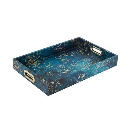 A& B Home Decorative Tray with Handles - Modern Minimalist Style Faux Leather Set of 2 Perfume Tray for Ottoman Couch Centerpiece Table Decor, Blue