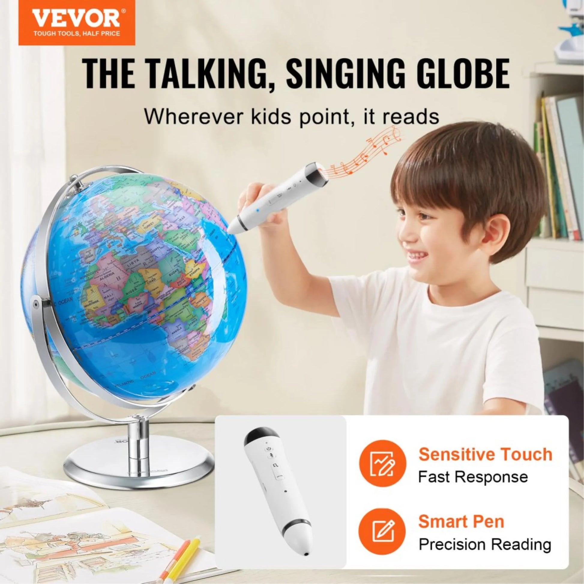 Interactive 9 Talking World Globe for Kids with Smart Talking Pen, Educational Learning Toy with LED Night Light, Perfect Gift for Boys & Girls