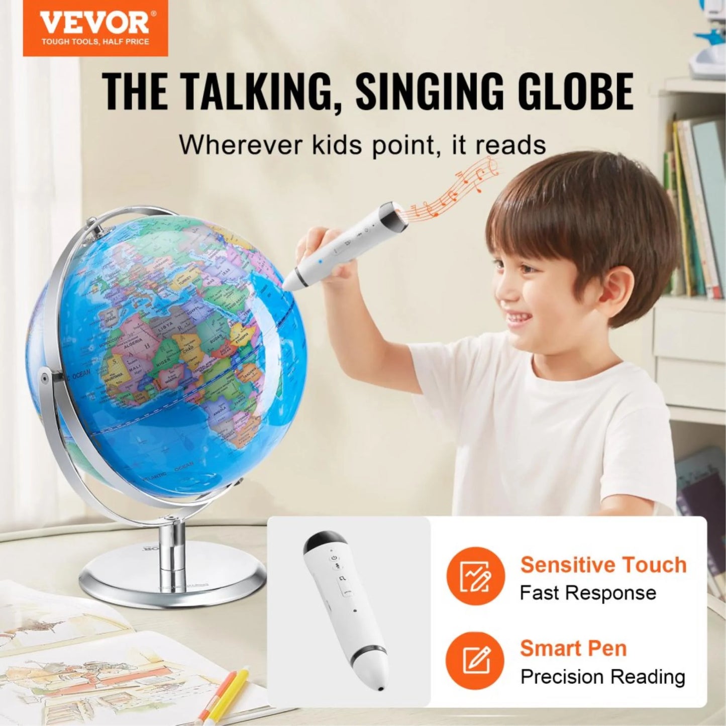 Interactive Learning Globe for Kids 9 Inch 228.6mm Smart Talking Pen LED Night Light USB Charging Educational Gift for Children Boys & Girls