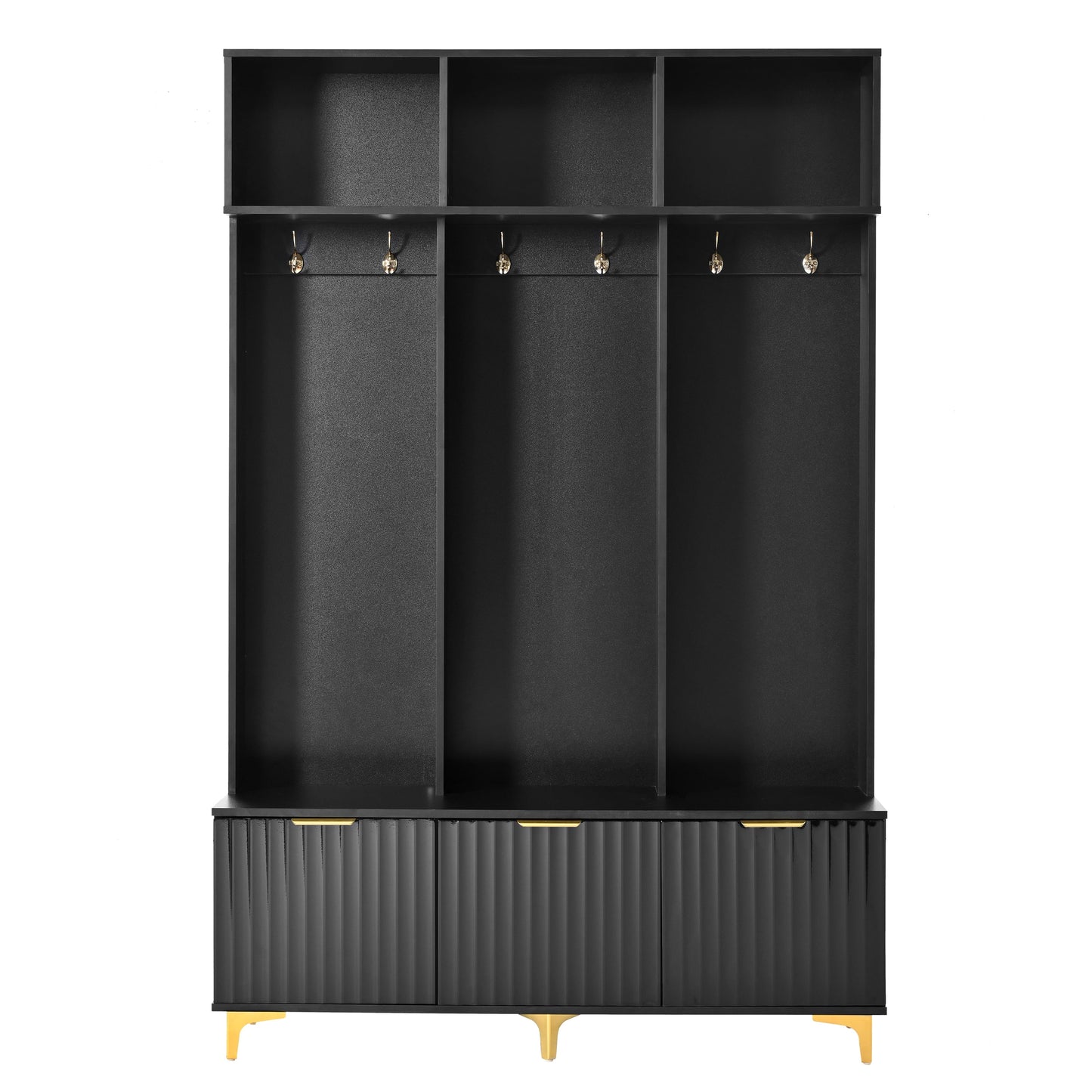 Euroco Modern Hall Tree with High Gloss Fluted Doors, Gold Accents, Shoe Storage & Bench - Entryway Organizer with Cubbies and Coat Hooks