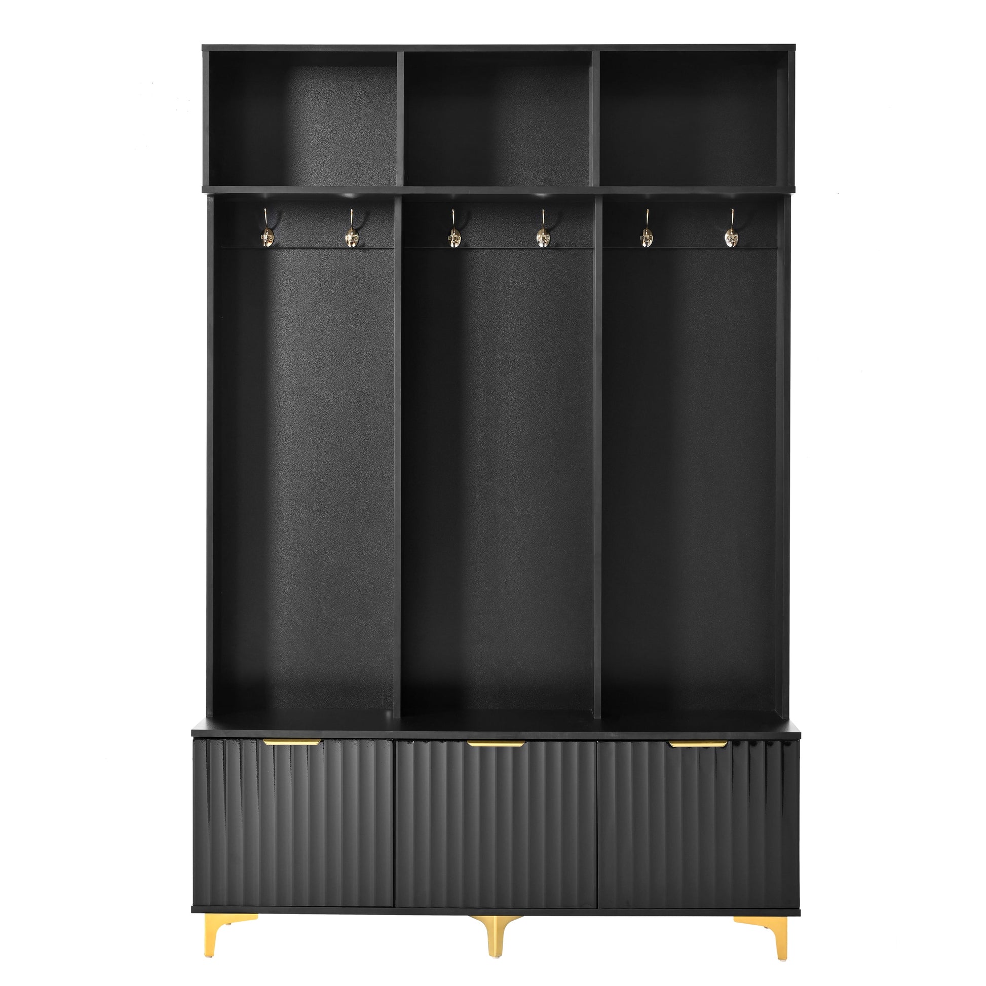 Euroco Modern Hall Tree with High Gloss Fluted Doors, Gold Accents, Shoe Storage & Bench - Entryway Organizer with Cubbies and Coat Hooks