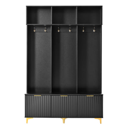 Euroco Modern Hall Tree with High Gloss Fluted Doors, Gold Accents, Shoe Storage & Bench - Entryway Organizer with Cubbies and Coat Hooks