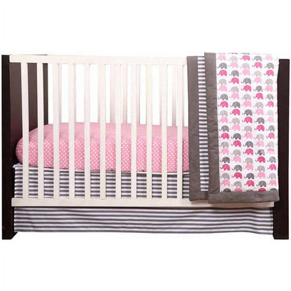 Bacati - Elephants Pink/Gray 10-Piece Nursery in a Bag Crib Bedding Set 100% Cotton Percale Girls Crib Bedding Set with 2 crib fitted sheets