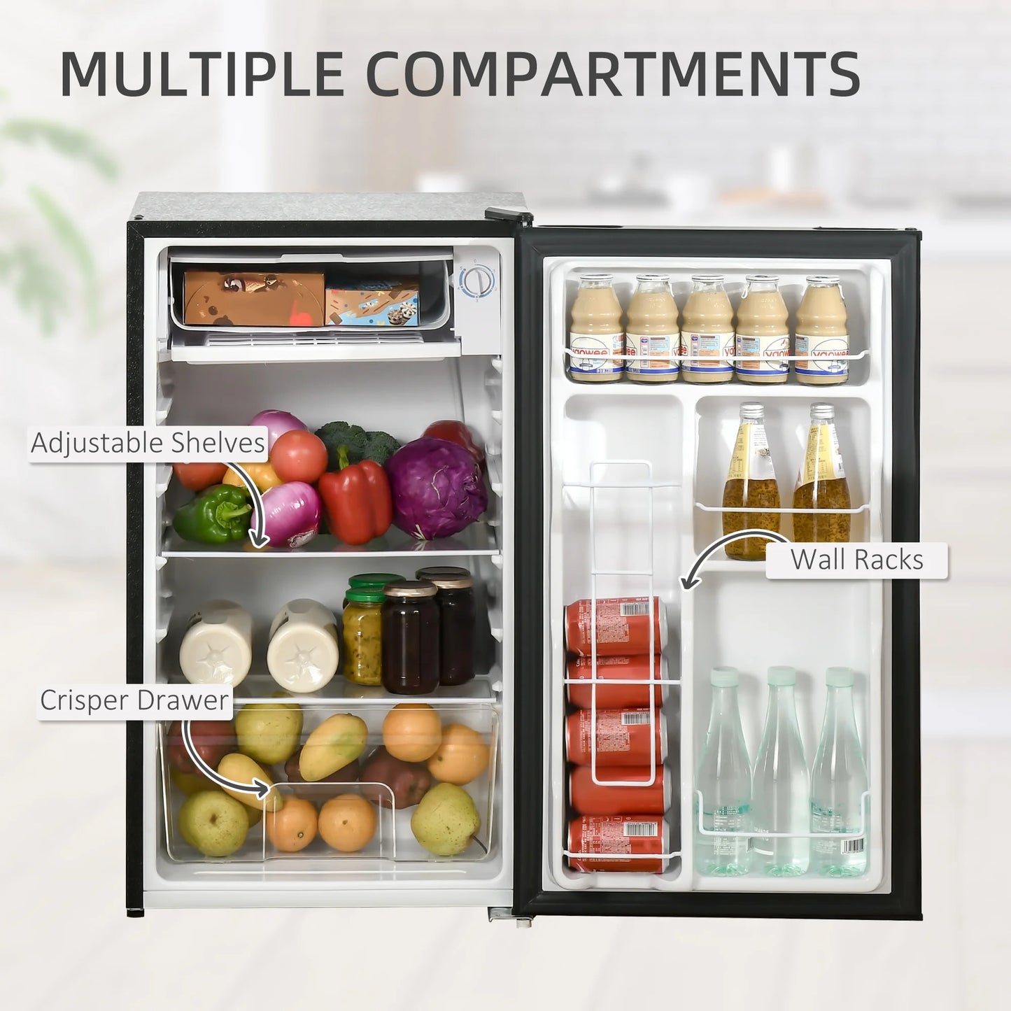 3.2 Cu.Ft Mini Fridge with Freezer, Single Door Compact Refrigerator with Adjustable Thermostat, Shelf and Reversible Door for Bedroom, Dorm, Home Office, Energy Efficient, Black