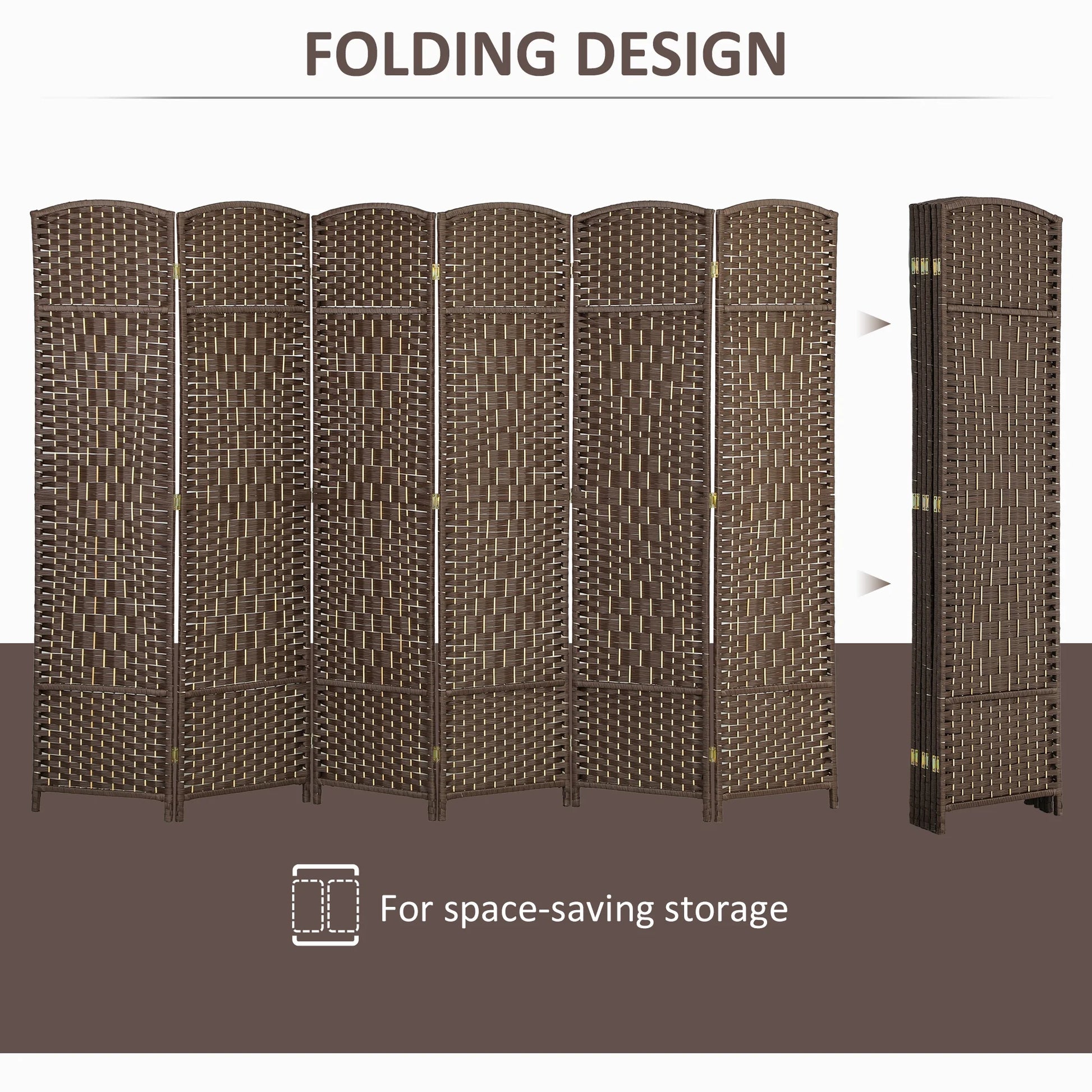 HOMCOM 6 Panel Room Divider, 6' Tall Folding Privacy Screen, Hand-Woven Freestanding Wood Partition for Home Office, Bedroom, Brown