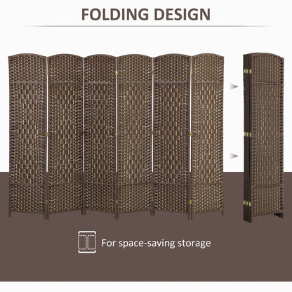 HOMCOM 6 Panel Room Divider, 6' Tall Folding Privacy Screen, Hand-Woven Freestanding Wood Partition for Home Office, Bedroom, Brown
