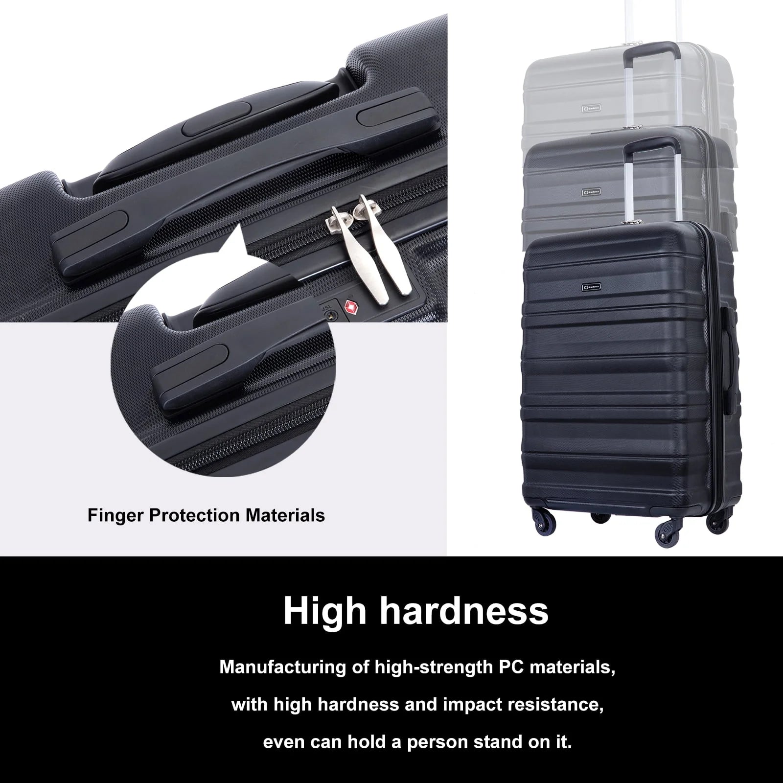 Tripcomp Hardshell Luggage Set 3-Piece Set (21/25/29) Lightweight Suitcase 4-Wheeled Travel Case (Black)