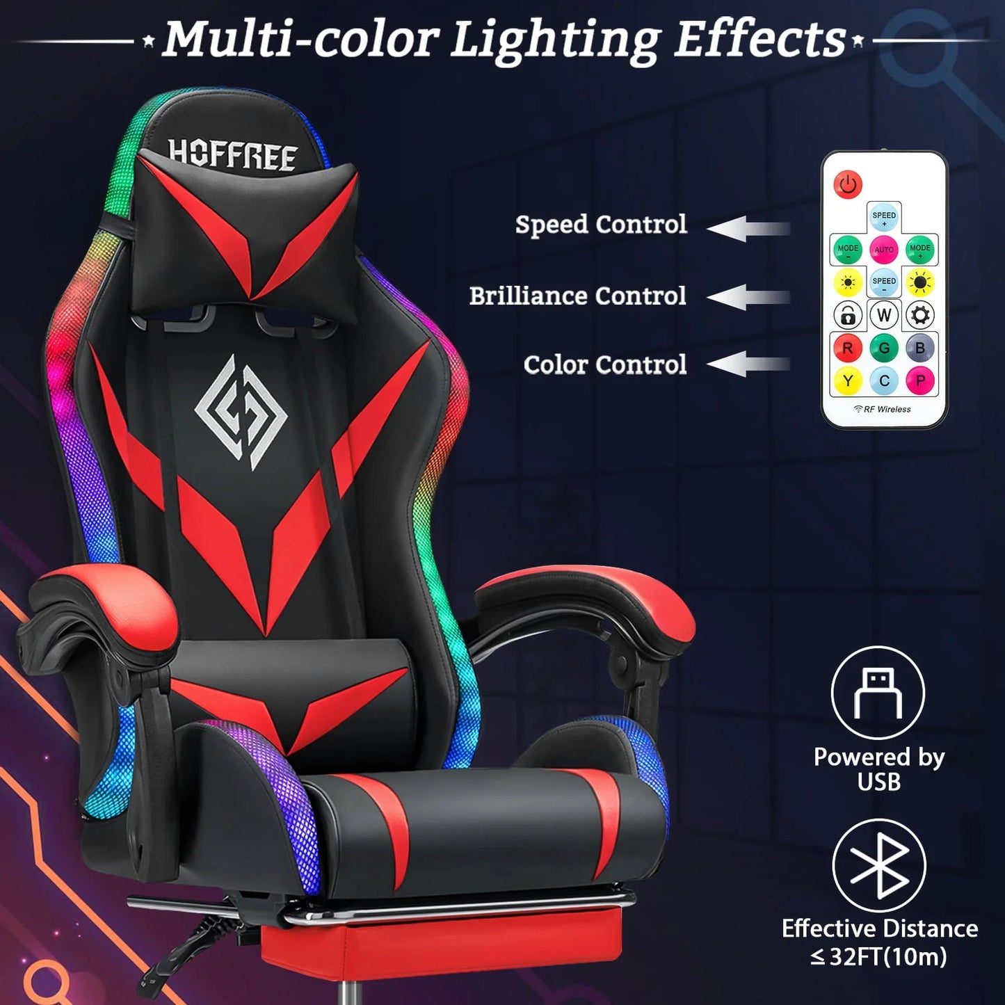 Hoffree Gaming Chair with Bluetooth Speakers Office Chair with Footrest and LED Lights Ergonomic Gaming Chairs High Back with Lumbar Support and Headrest Adjustable Swivel for Home Office 300lb