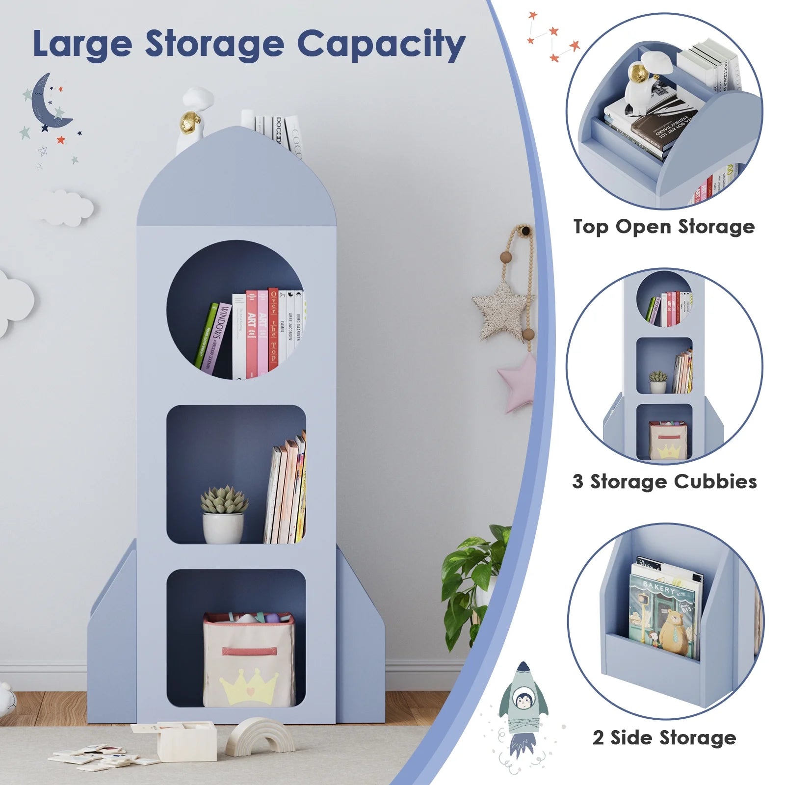 Pirecart Kids Bookshelf 3-Tier Wooden Kids Bookcase with Toy Storage for Bedroom, Playroom, Nursery, Blue