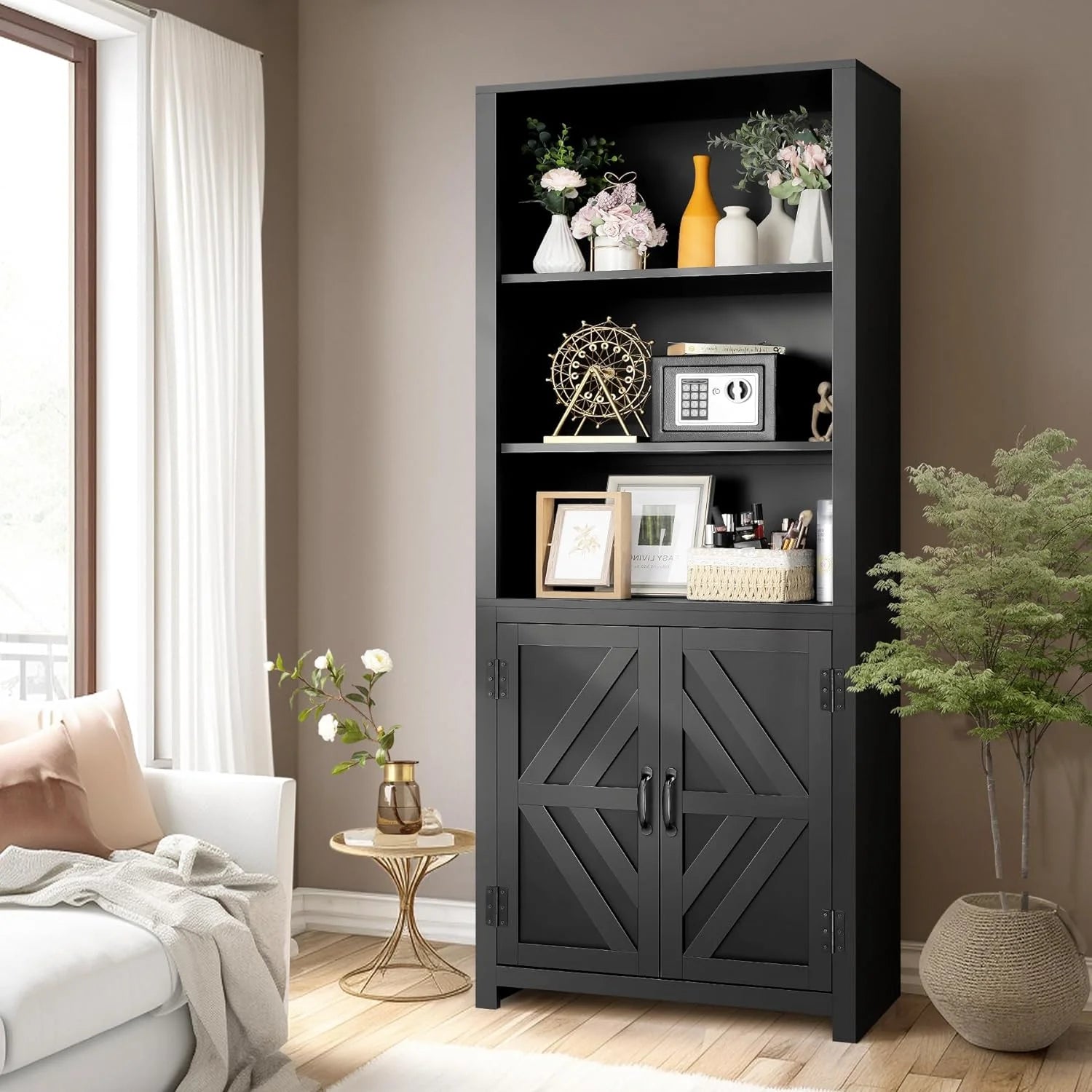 SEJOV Tall Bookshelves, 5-Tier Farmhouse Bookshelf with Cabinet Doors, 71" Bookcase with 3-Tier Open Wood Shelves, Adjustable Book Case for Home Office, Black
