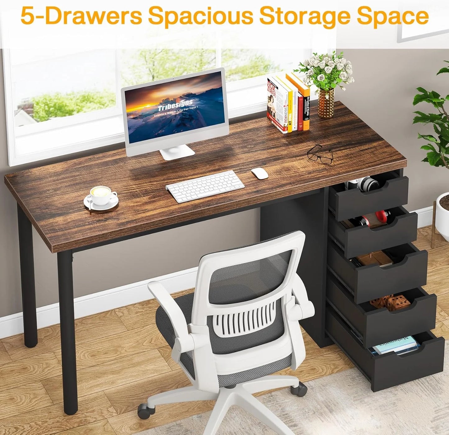 Finmind Computer Desk with 5 Drawers, 47 inches Rustic Brown Home Office Desk with Storage, Modern Study Writing Table Workstation for Small Spaces, Brown & White