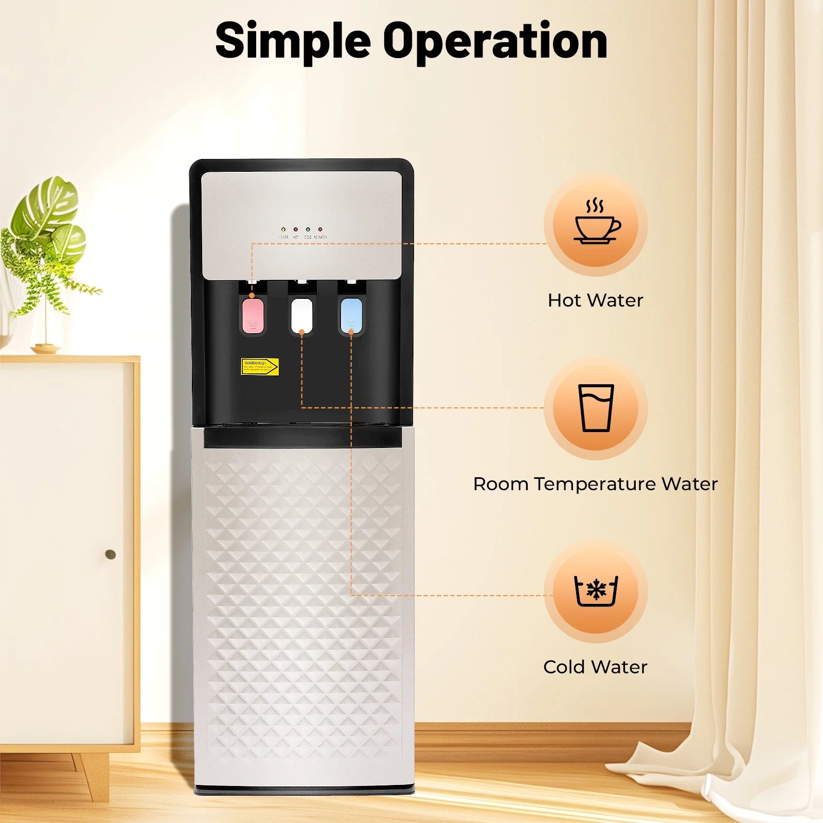 Silver Grey Floor Standing Hot& Cold Water Dispenser with 3 Temperature Settings, Indicator Lights & Removable Drip Tray, for Home Office and Living Room