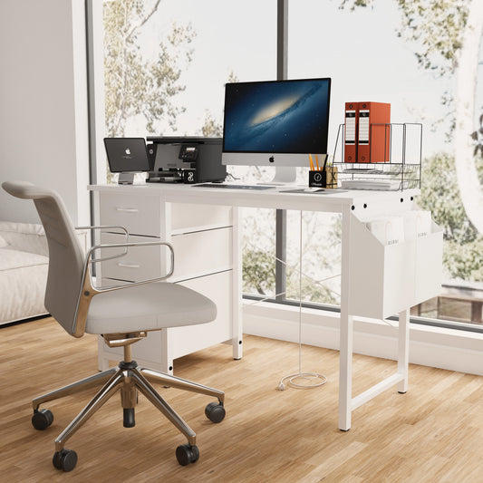 New 47.3" Computer Desk with Power Outlets, Small Home Office Desk with 3 drawers,Side Pocket, Gaming Desk, Modern Study Desk, Laptop Desk, White