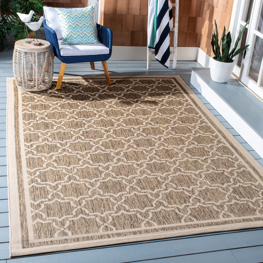 SAFAVIEH Courtyard Allison Geometric Bordered Indoor/Outdoor Area Rug, 9' x 12', Brown/Bone