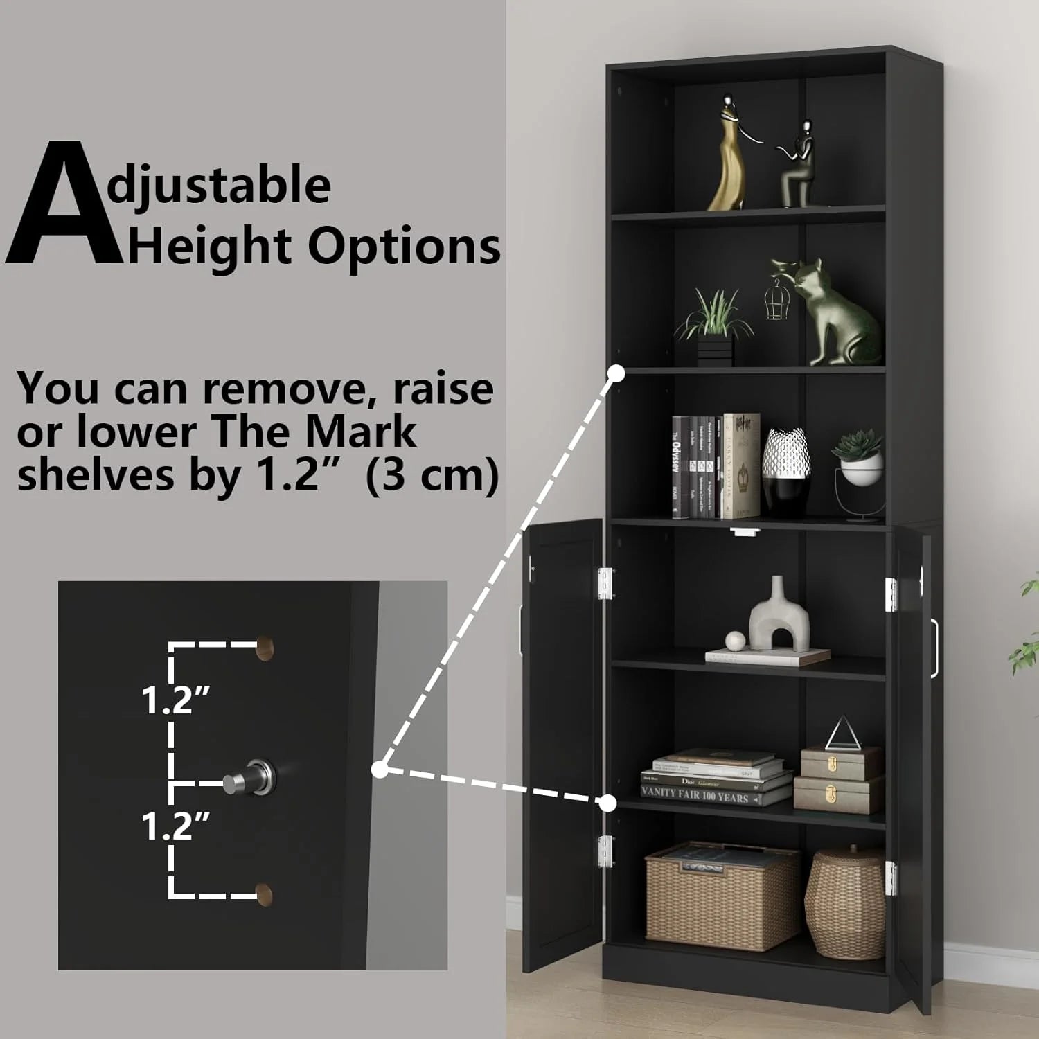 Loomie Industrial Boolshelf with Door, 6 Tier Farmhouse Book Shelf with Adjustable Shelves,70" Tall Display Etagere Bookcase,Floor Standing Unit Book Case Furniture for Home Office,Living Room (Black)