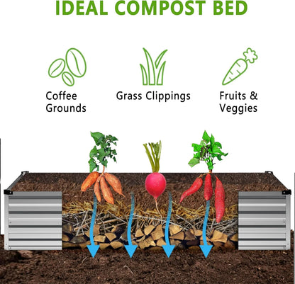 2PCS 12x4x1FT Galvanized Raised Garden Bed,Raised Graden Bed Kit-Square Metal Garden Bed,Large Planter Raised Bed Outdoor,Garden Box for Vegetables,Flower,Herb-Sliver(One Box of Two Pieces)