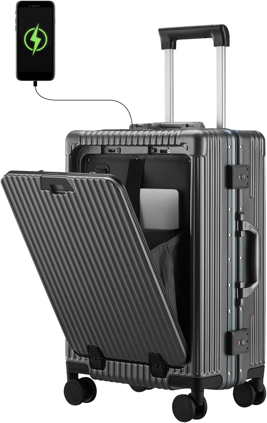 Carry-On Luggage with USB Charging Port, Front Compartment, TSA Lock, Airline Approved Carry On Hardside Suitcase with Spinner Wheels (Grey, 20inch)