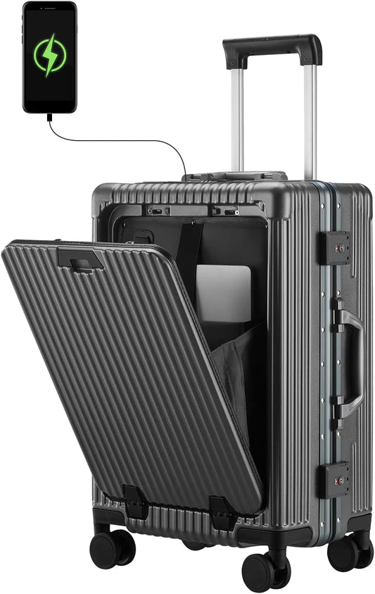 Carry-On Luggage with USB Charging Port, Front Compartment, TSA Lock, Airline Approved Carry On Hardside Suitcase with Spinner Wheels (Grey, 20inch)