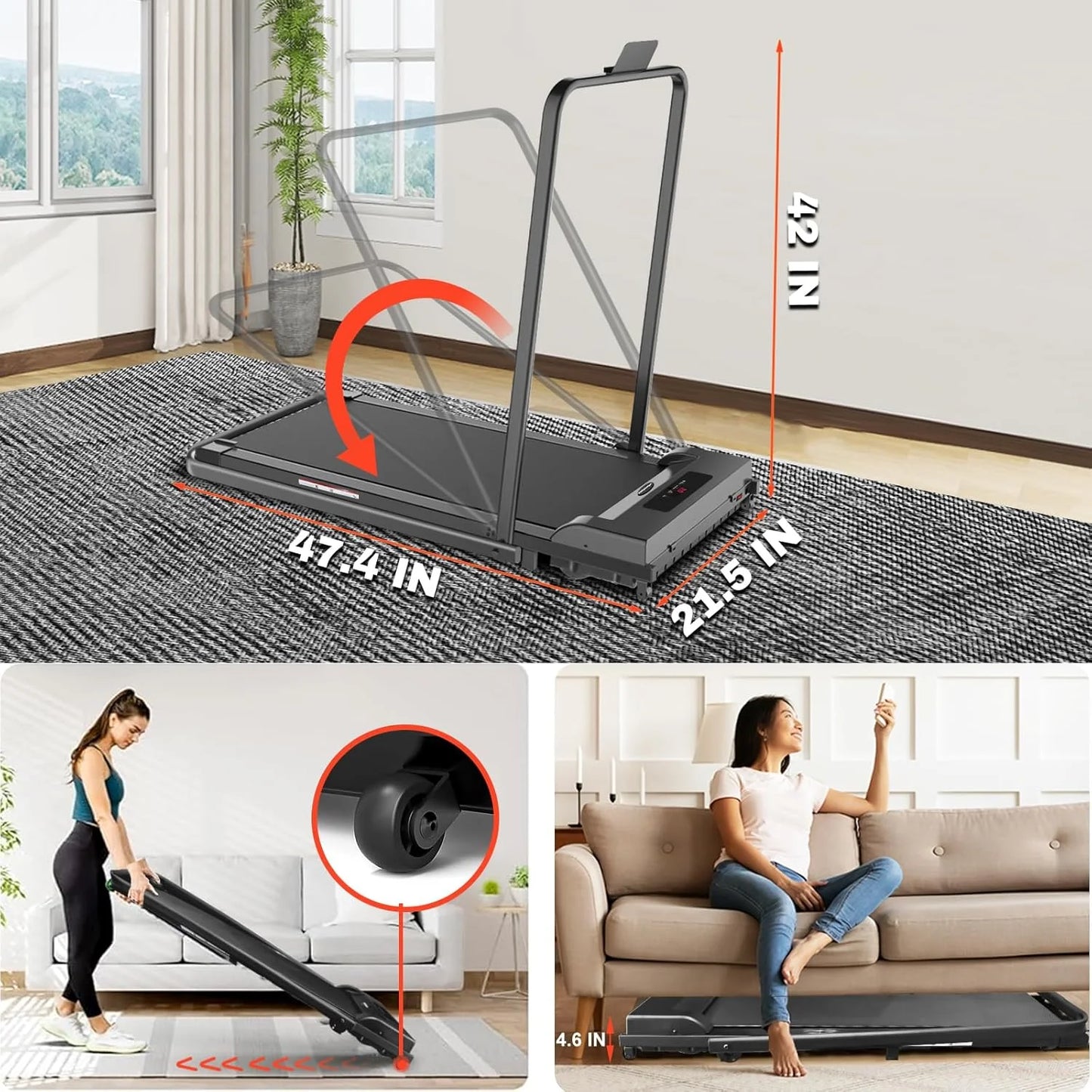 2 in 1 Walking Pad Treadmill, Foldable Treadmills with Handle Bar, 2.5HP Portable Folding Treadmill with Remote Control, Under Desk Treadmill for Home Office, 300lbs, Black