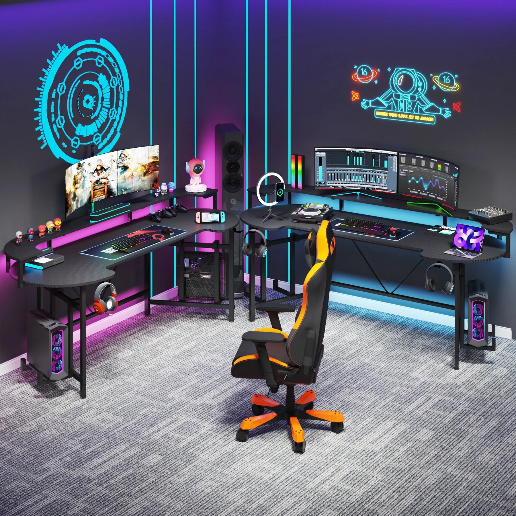 Tribesigns Gaming Desk with Monitor Shelf, 75 inch PC Computer Desk with LED Strip, Carbon Fiber Surface Gaming Table Gamer Workstation for Bedroom, Home Office, Black