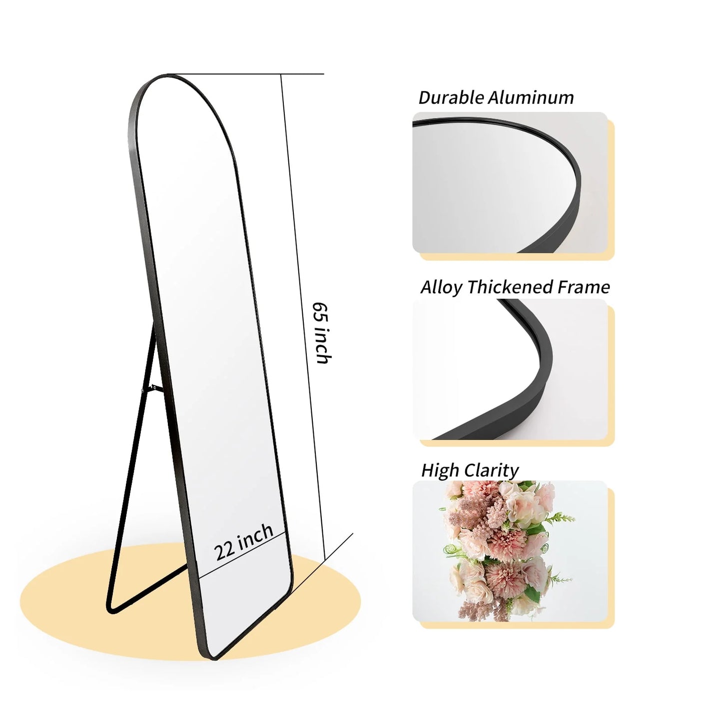 Full Length Mirror Standing Hanging or Leaning Against Wall 65" x 22" Rounded Arch Floor Mirror Full Body Mirror for Bedroom, Living Room , Black