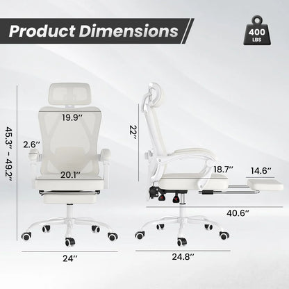 STARY Ergonomic Office Chair with Footrest, High Back Mesh Desk Chair with Adjustable Headrest & Lumbar Support, Comfortable Computer Chair for Home Office Study, White & Beige