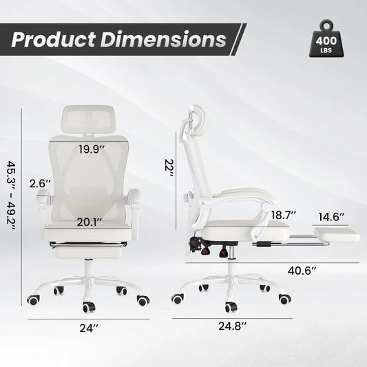 STARY Ergonomic Office Chair with Footrest, High Back Mesh Desk Chair with Adjustable Headrest & Lumbar Support, Comfortable Computer Chair for Home Office Study, White & Beige