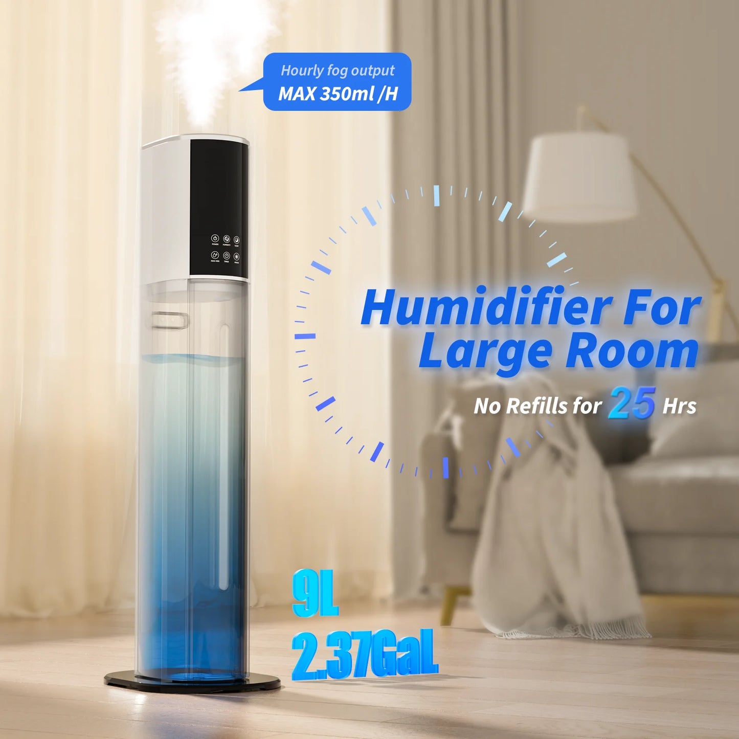 Rocyis Humidifier for Room Home Bedroom, 9L 2.3Gal Cool Mist Tower Top Fill Large Humidifier with Essential Oils,Whole House Floor Humidifiers for Baby,Pets,Plants,with Remote,360° Nozzle,White