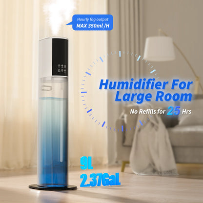 Rocyis Humidifier for Room Home Bedroom, 9L 2.3Gal Cool Mist Tower Top Fill Large Humidifier with Essential Oils,Whole House Floor Humidifiers for Baby,Pets,Plants,with Remote,360° Nozzle,White