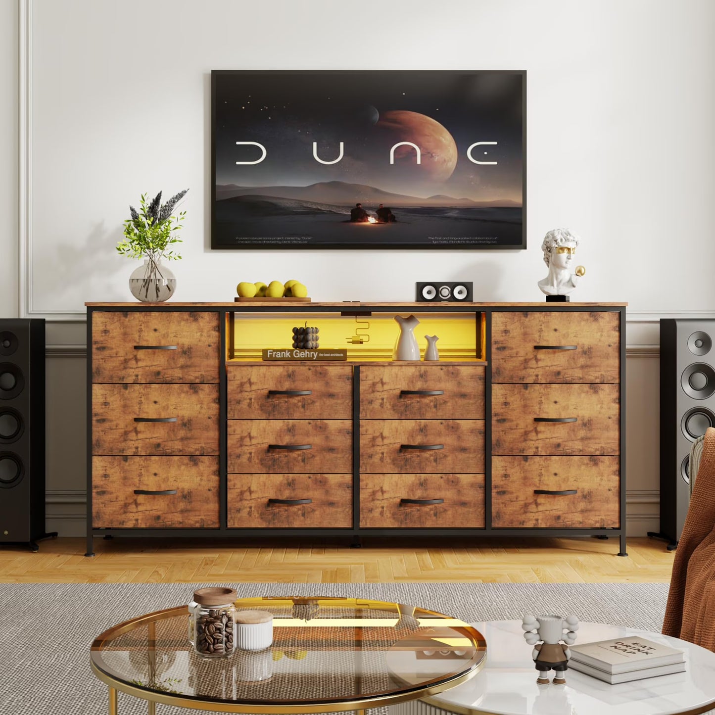 Danolapsi 12-Drawer Dresser with Charging Station & LED Lights, Fabric Chest of Drawers with Sturdy Metal Frame, Wood Top TV Stand, Storage Organizer for Bedroom, Closet, Entryway, Nursery
